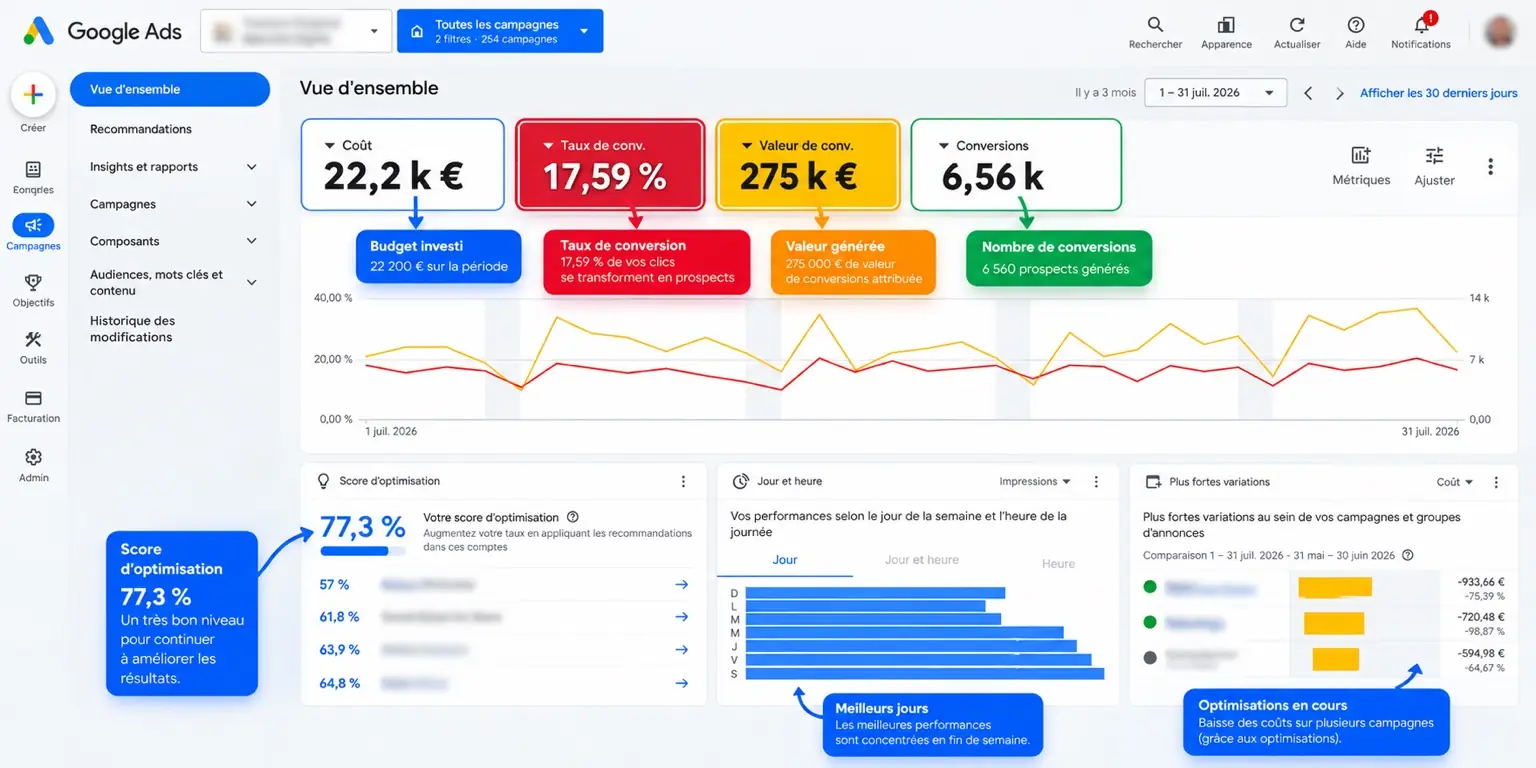 Résultats de campagnes Google Ads accompagnées par Mister BOOST